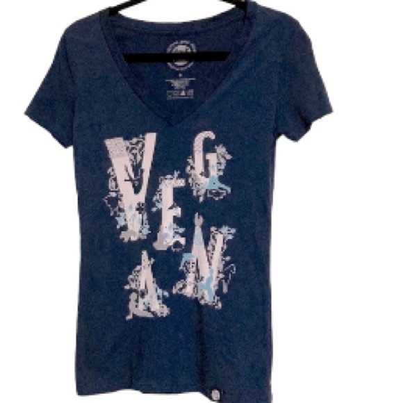 VEGAN Redefine Your Mind Activewear Blue V neck T shirt with VEGAN Graphic Small - Picture 5 of 14